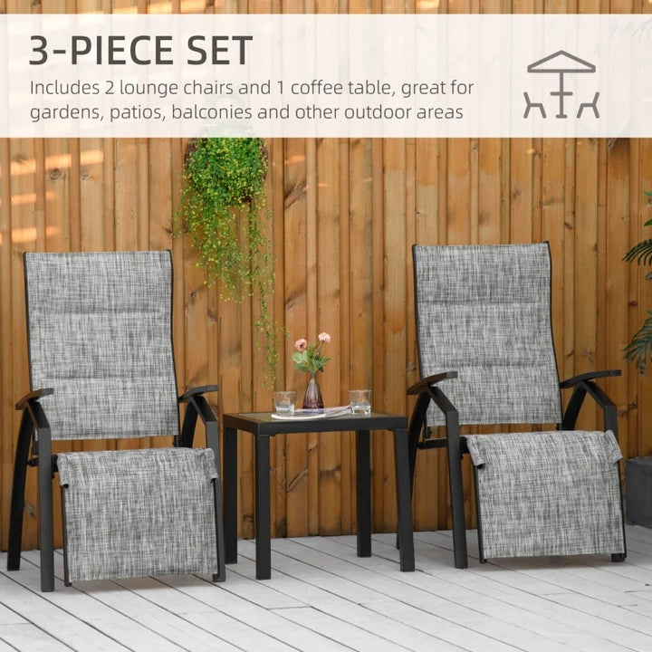 3pc Bistro Reclining Chairs Lounger Set w Footrests, Side Table for Outdoor Patio Deck, Grey
