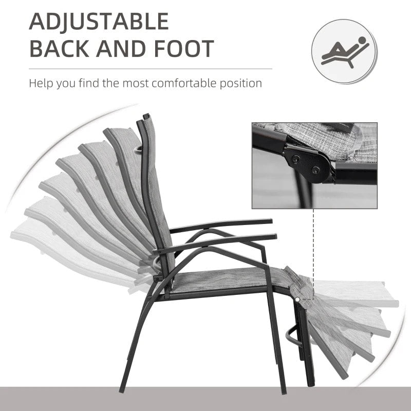 3pc Bistro Reclining Chairs Lounger Set w Footrests, Side Table for Outdoor Patio Deck, Grey