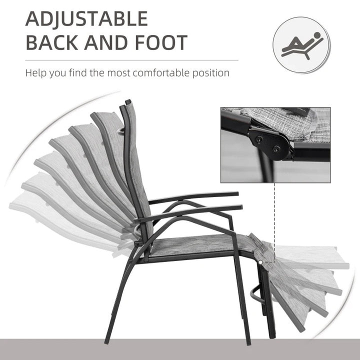 3pc Bistro Reclining Chairs Lounger Set w Footrests, Side Table for Outdoor Patio Deck, Grey