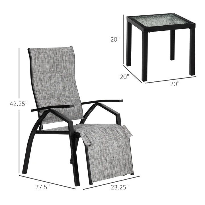 3pc Bistro Reclining Chairs Lounger Set w Footrests, Side Table for Outdoor Patio Deck, Grey