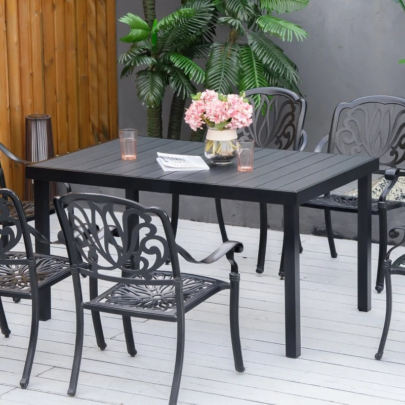 4.6' x 3' Aluminum Anti-Rust Outdoor Patio Dining Table for 6 w Woodgrain Plastic Top, Black