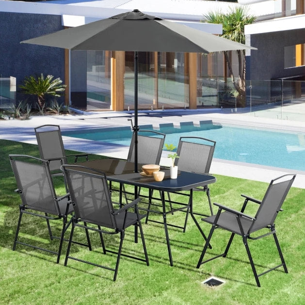 NEW 8pc Outdoor Dining Glass Table Set, 6 Folding Mesh Chairs, 7.5' Tilting Patio Umbrella, Black