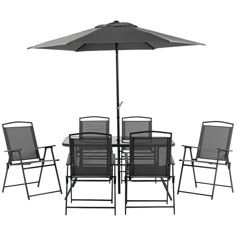 NEW 8pc Outdoor Dining Glass Table Set, 6 Folding Mesh Chairs, 7.5' Tilting Patio Umbrella, Black