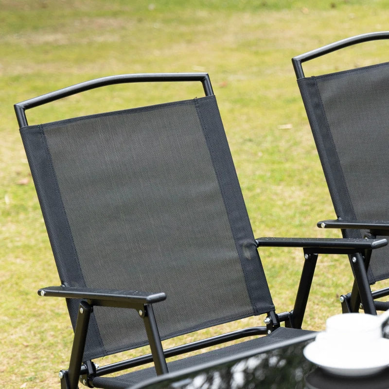 NEW 8pc Outdoor Dining Glass Table Set, 6 Folding Mesh Chairs, 7.5' Tilting Patio Umbrella, Black