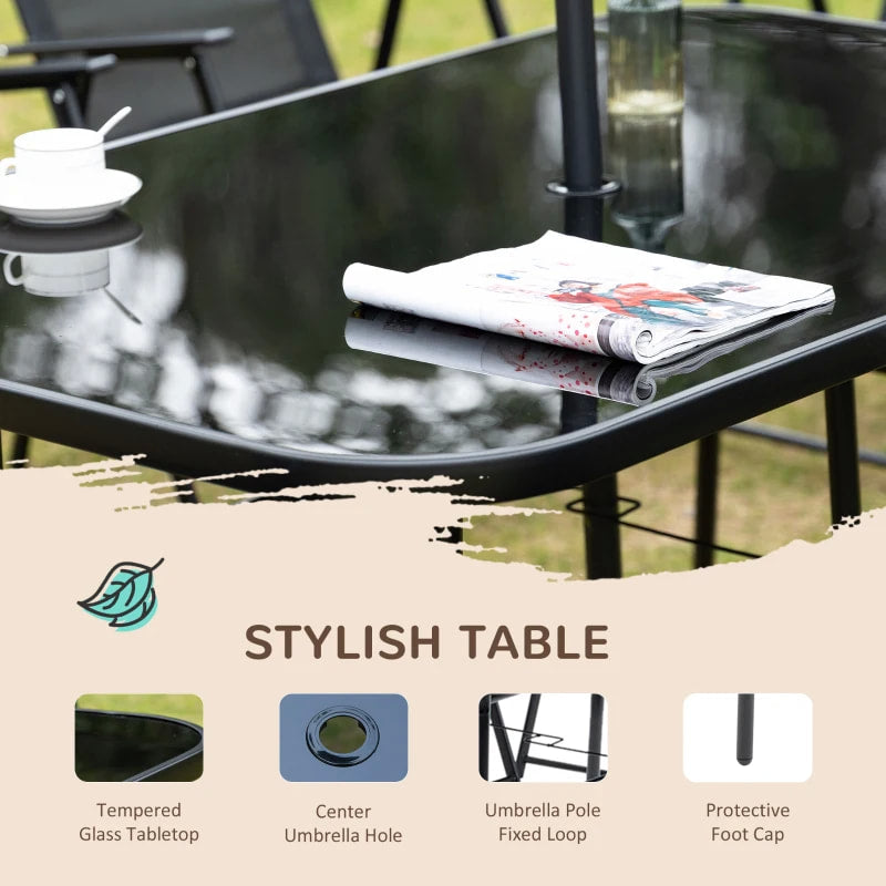 NEW 8pc Outdoor Dining Glass Table Set, 6 Folding Mesh Chairs, 7.5' Tilting Patio Umbrella, Black