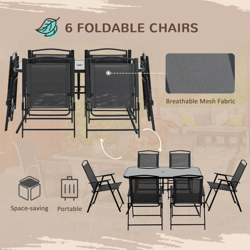 NEW 8pc Outdoor Dining Glass Table Set, 6 Folding Mesh Chairs, 7.5' Tilting Patio Umbrella, Black