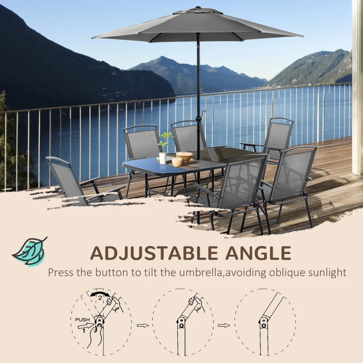 NEW 8pc Outdoor Dining Glass Table Set, 6 Folding Mesh Chairs, 7.5' Tilting Patio Umbrella, Black
