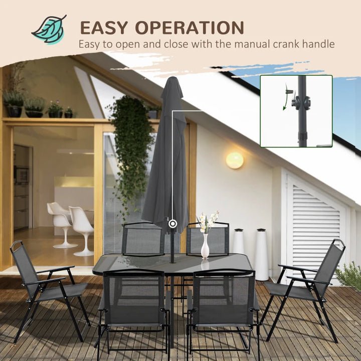 NEW 8pc Outdoor Dining Glass Table Set, 6 Folding Mesh Chairs, 7.5' Tilting Patio Umbrella, Black