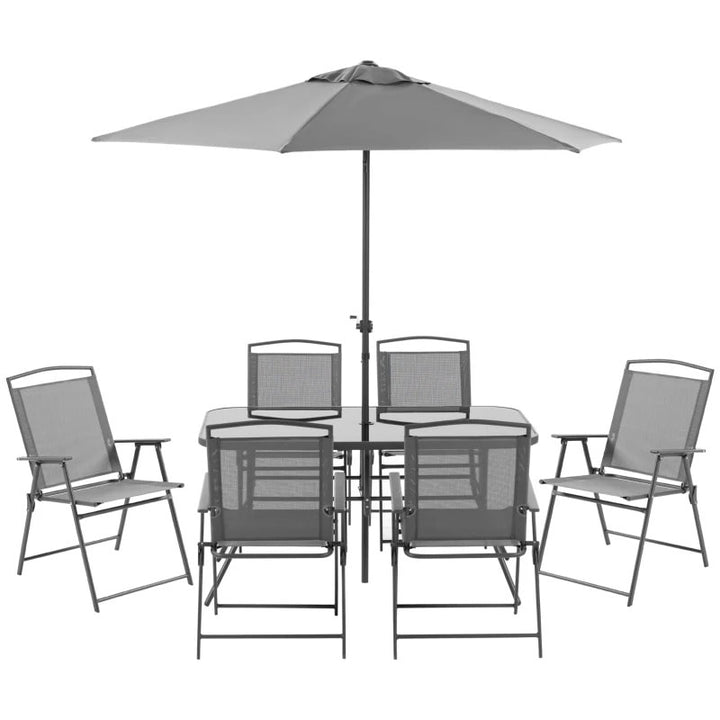 NEW 8pc Outdoor Dining Glass Table Set, 6 Folding Mesh Chairs, 7.5' Tilting Patio Umbrella, Grey