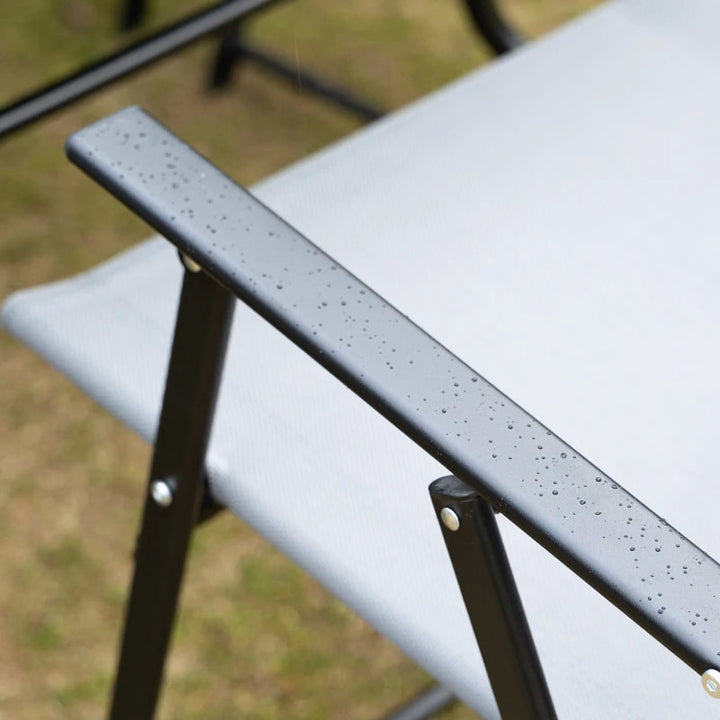 NEW 8pc Outdoor Dining Glass Table Set, 6 Folding Mesh Chairs, 7.5' Tilting Patio Umbrella, Grey