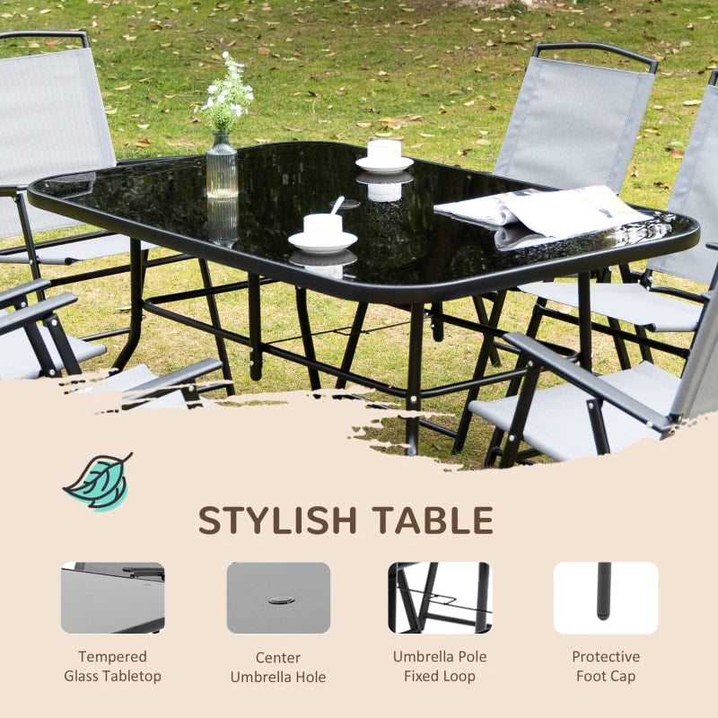 NEW 8pc Outdoor Dining Glass Table Set, 6 Folding Mesh Chairs, 7.5' Tilting Patio Umbrella, Grey