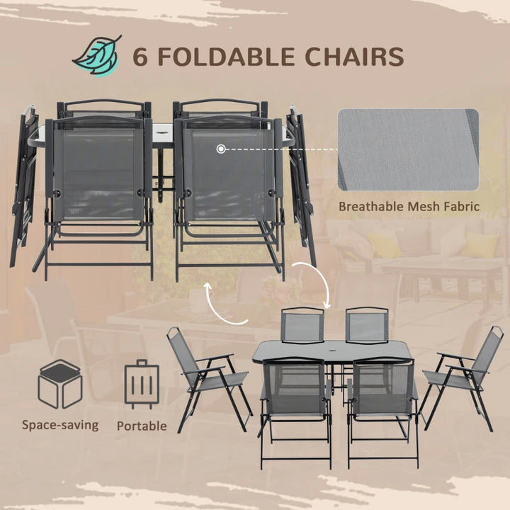 NEW 8pc Outdoor Dining Glass Table Set, 6 Folding Mesh Chairs, 7.5' Tilting Patio Umbrella, Grey