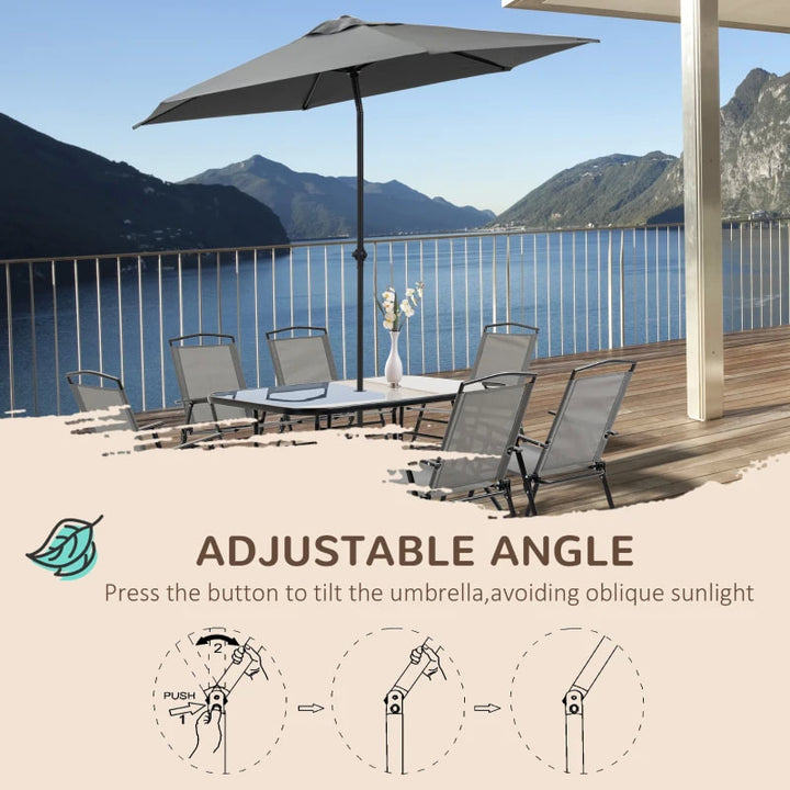 NEW 8pc Outdoor Dining Glass Table Set, 6 Folding Mesh Chairs, 7.5' Tilting Patio Umbrella, Grey