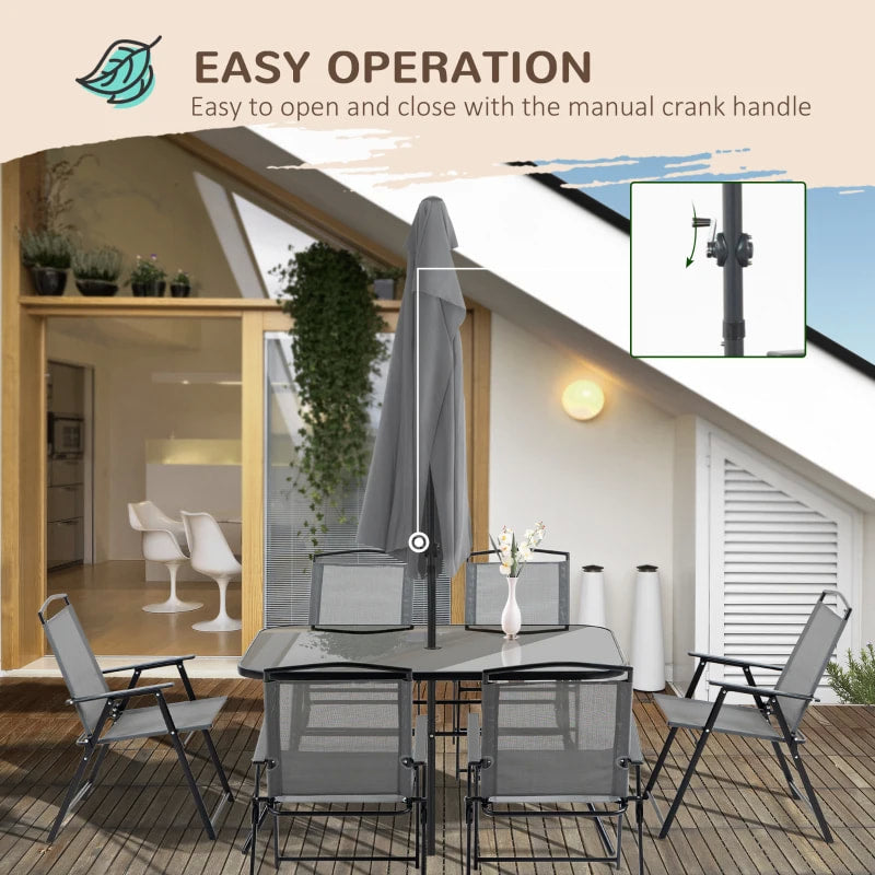 NEW 8pc Outdoor Dining Glass Table Set, 6 Folding Mesh Chairs, 7.5' Tilting Patio Umbrella, Grey