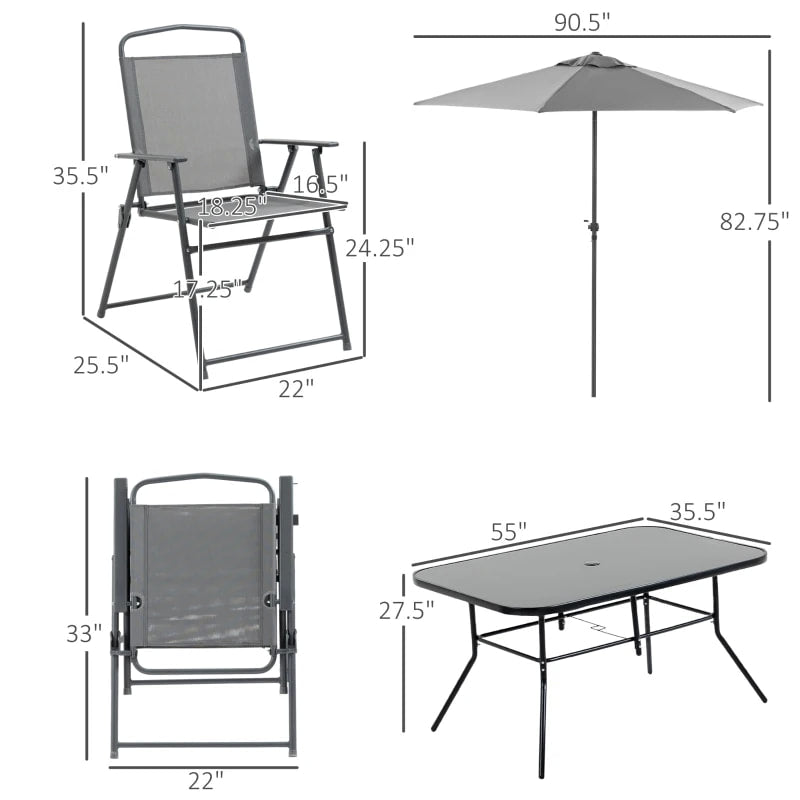NEW 8pc Outdoor Dining Glass Table Set, 6 Folding Mesh Chairs, 7.5' Tilting Patio Umbrella, Grey