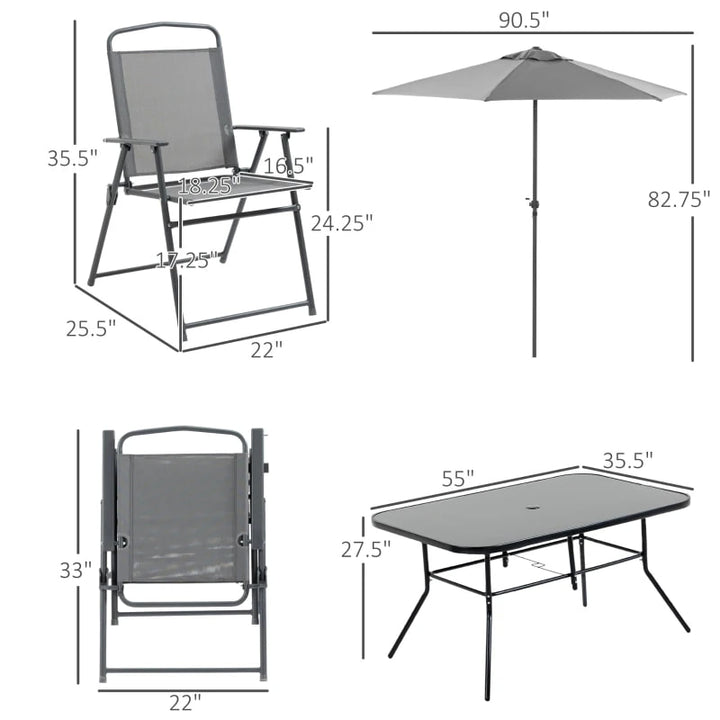 NEW 8pc Outdoor Dining Glass Table Set, 6 Folding Mesh Chairs, 7.5' Tilting Patio Umbrella, Grey