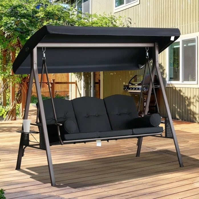 Heavy Duty Outdoor 3 Seater Porch Swing Bench Seat w Canopy & Cushions for Patio Deck - Black