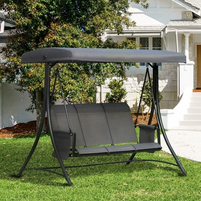 Heavy Duty 3-Seater Mesh Swing Lounger w High Back, Canopy for Outdoor Patio Deck Garden, Grey
