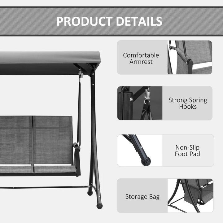 Heavy Duty 3-Seater Mesh Swing Lounger w High Back, Canopy for Outdoor Patio Deck Garden, Grey