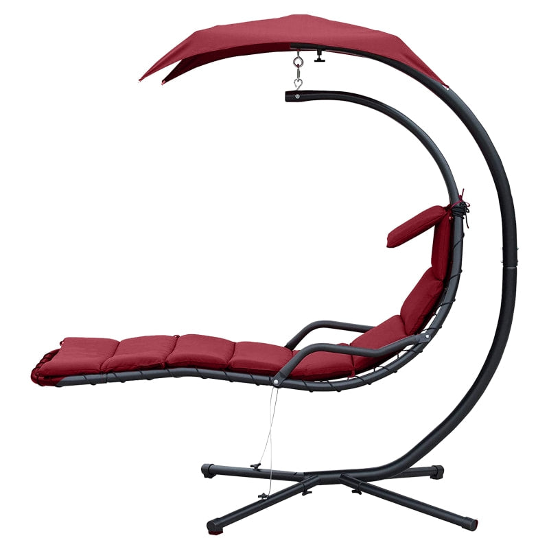 Hanging Padded Swing Hammock Lounge Chaise Chair w Canopy & Stand for Patio Pool Deck, Wine Red