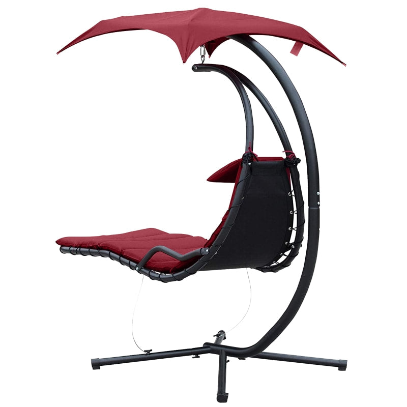 Hanging Padded Swing Hammock Lounge Chaise Chair w Canopy & Stand for Patio Pool Deck, Wine Red