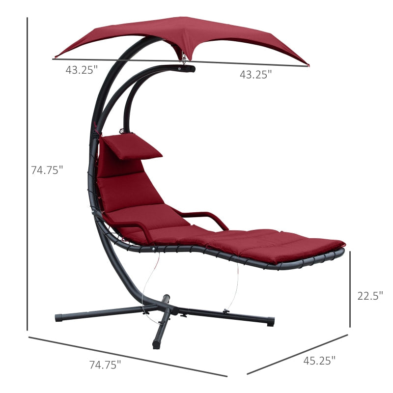 Hanging Padded Swing Hammock Lounge Chaise Chair w Canopy & Stand for Patio Pool Deck, Wine Red