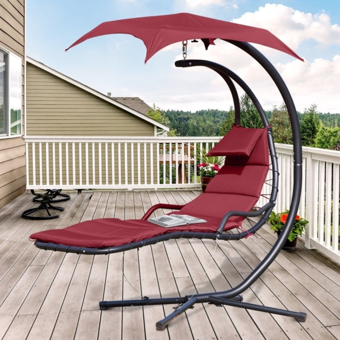 Hanging Padded Swing Hammock Lounge Chaise Chair w Canopy & Stand for Patio Pool Deck, Wine Red