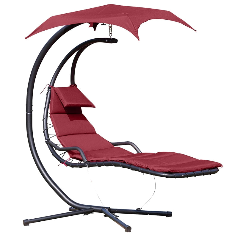 Hanging Padded Swing Hammock Lounge Chaise Chair w Canopy & Stand for Patio Pool Deck, Wine Red