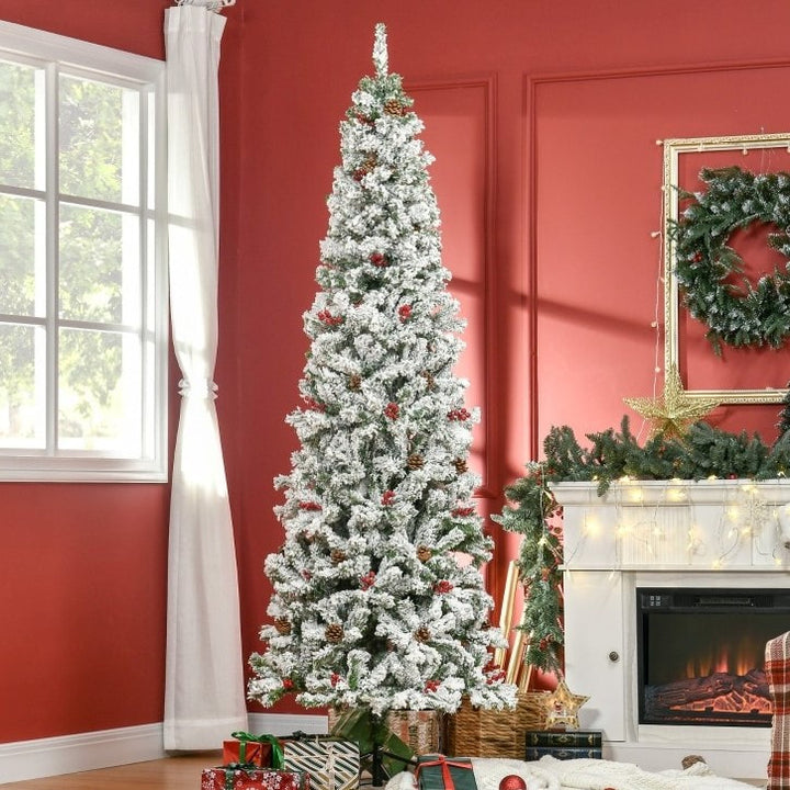 7.5ft 950-Tip Snow Flocked Pencil Artificial Christmas Holiday Tree w Pine Cones, Berries, Green