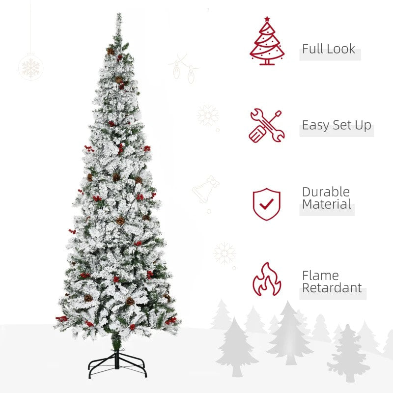 7.5ft 950-Tip Snow Flocked Pencil Artificial Christmas Holiday Tree w Pine Cones, Berries, Green