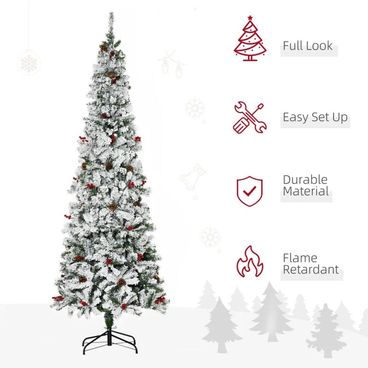 7.5ft 950-Tip Snow Flocked Pencil Artificial Christmas Holiday Tree w Pine Cones, Berries, Green