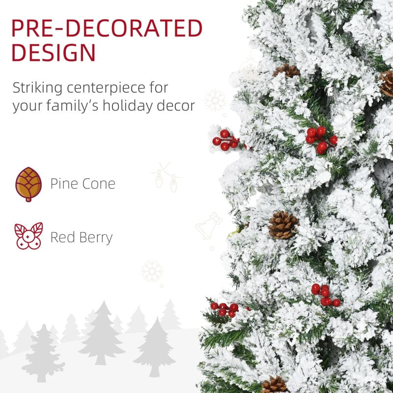 7.5ft 950-Tip Snow Flocked Pencil Artificial Christmas Holiday Tree w Pine Cones, Berries, Green