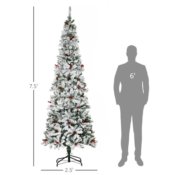7.5ft 950-Tip Snow Flocked Pencil Artificial Christmas Holiday Tree w Pine Cones, Berries, Green