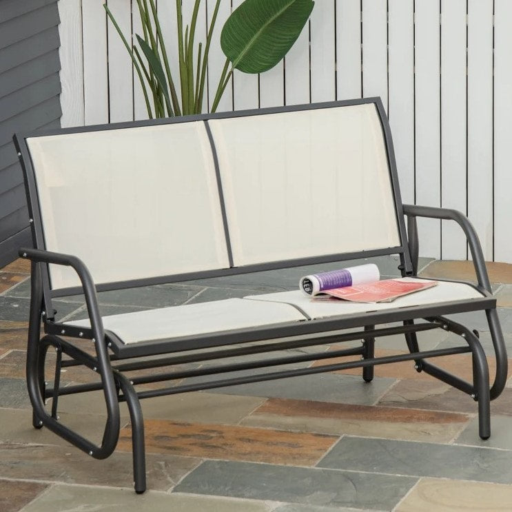 2-Person Steel Loveseat Glider Bench Chair Rocker w Sling Fabric Patio Deck Garden, Cream Beige