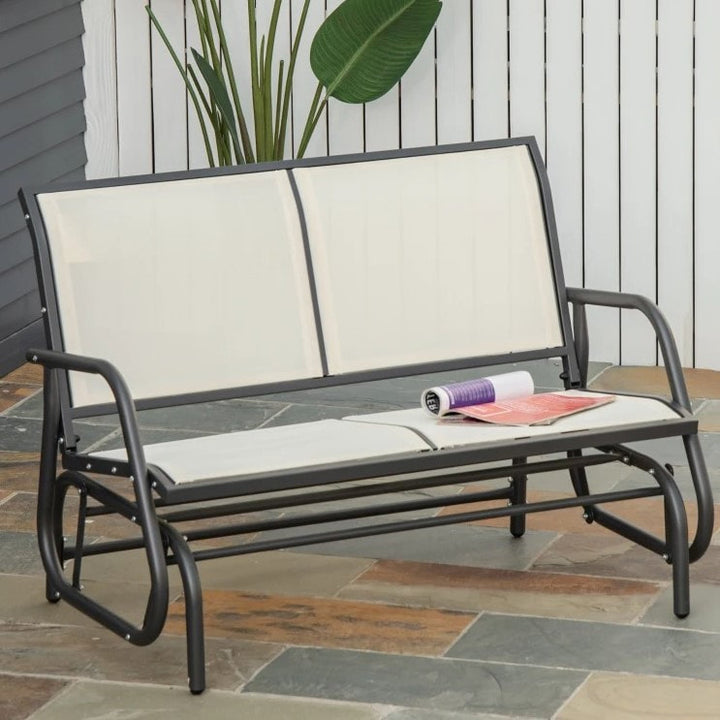2-Person Steel Loveseat Glider Bench Chair Rocker w Sling Fabric Patio Deck Garden, Cream Beige