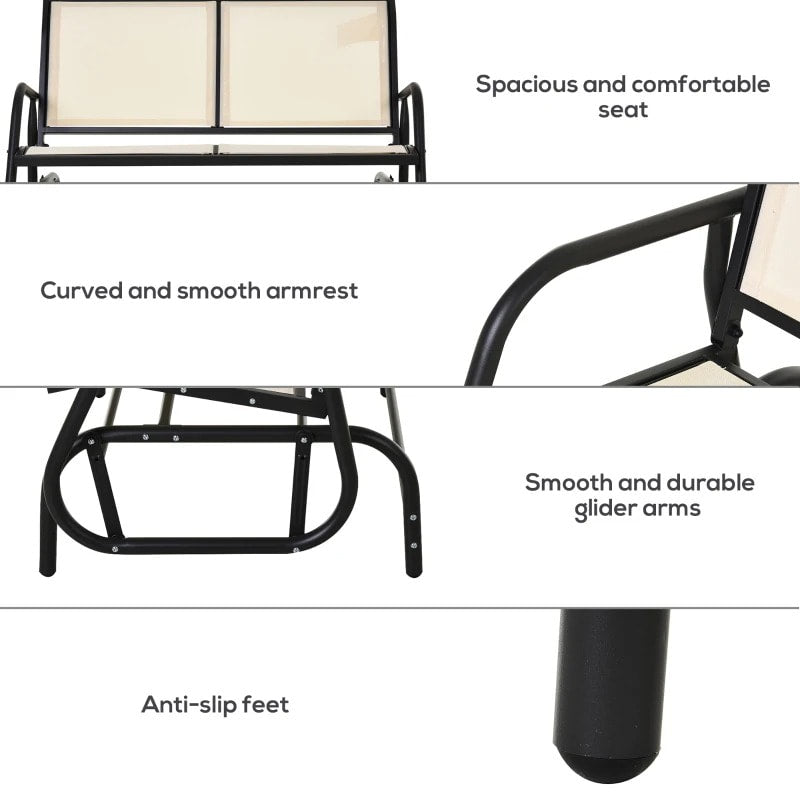 2-Person Steel Loveseat Glider Bench Chair Rocker w Sling Fabric Patio Deck Garden, Cream Beige