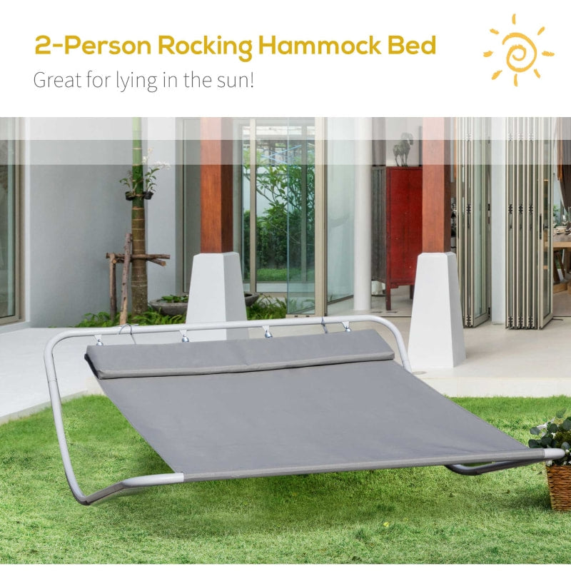 2 Person Double Rocking Sun Lounger Reclined Chaise Hammock w/ Pillow for Patio Pool Deck, Grey
