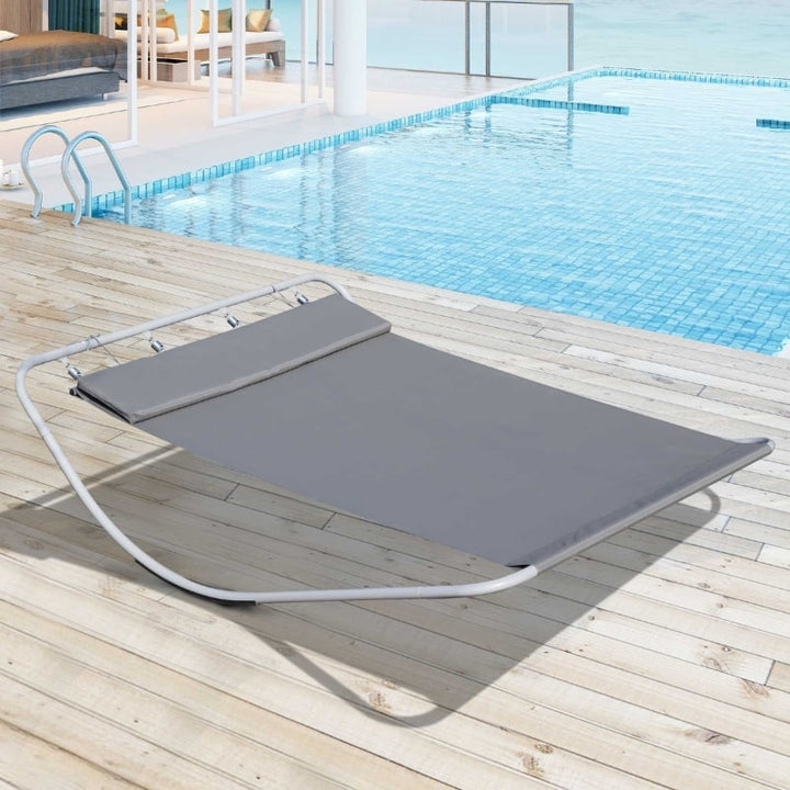 2 Person Double Rocking Sun Lounger Reclined Chaise Hammock w/ Pillow for Patio Pool Deck, Grey