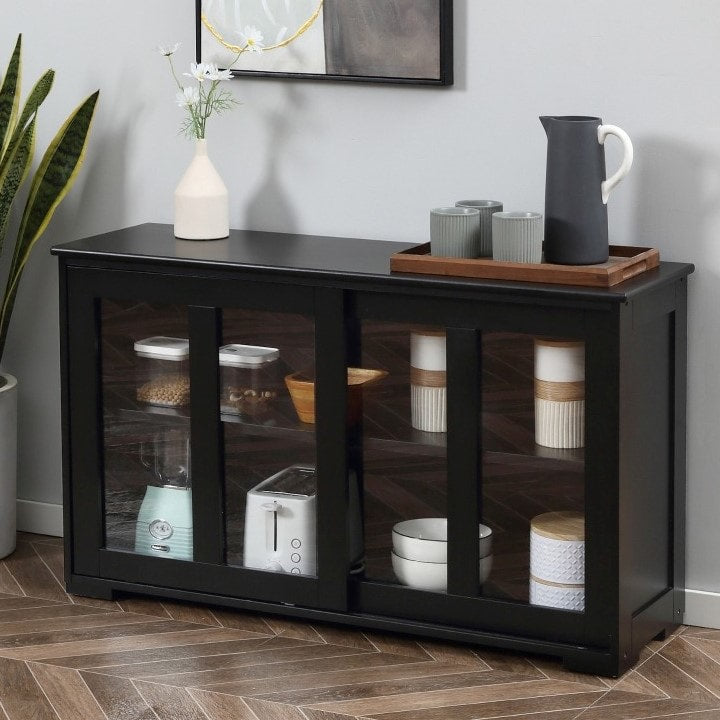 Sideboard Buffet Storage Display Cabinet TV Stand w Sliding Doors, Kitchen Dining Living, Black