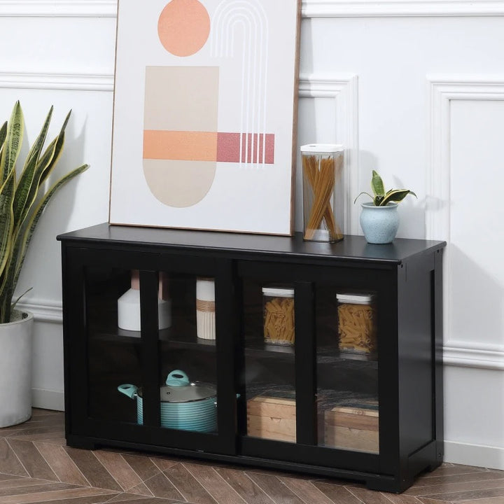 Sideboard Buffet Storage Display Cabinet TV Stand w Sliding Doors, Kitchen Dining Living, Black