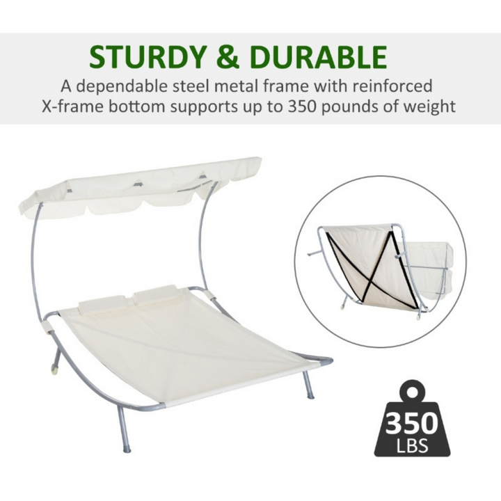 Double Sun Lounger Chaise Hammock Day Bed w Canopy Shade, Pillows, Patio Pool Deck, Cream White