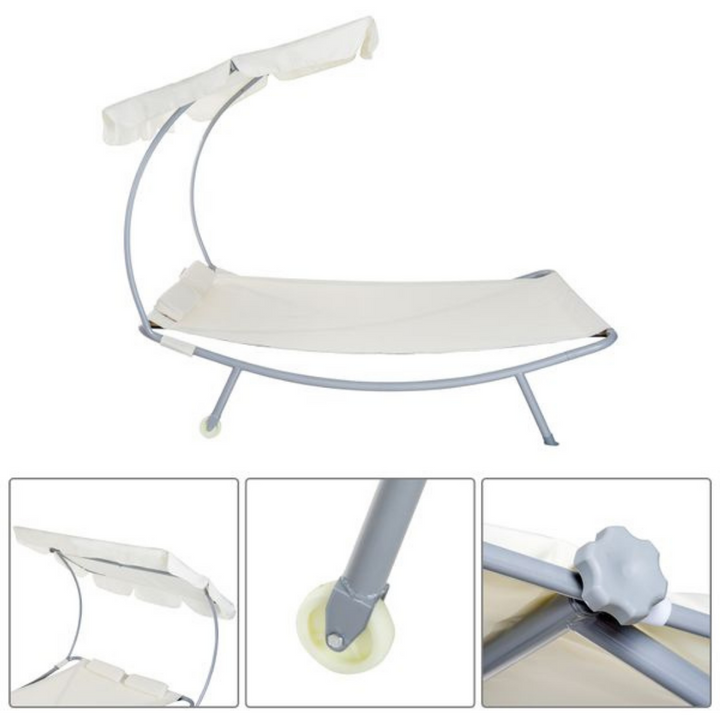 Double Sun Lounger Chaise Hammock Day Bed w Canopy Shade, Pillows, Patio Pool Deck, Cream White