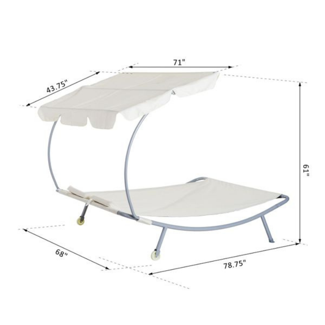 Double Sun Lounger Chaise Hammock Day Bed w Canopy Shade, Pillows, Patio Pool Deck, Cream White