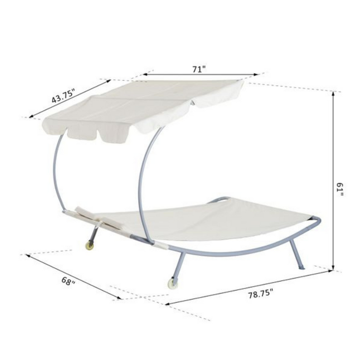 Double Sun Lounger Chaise Hammock Day Bed w Canopy Shade, Pillows, Patio Pool Deck, Cream White