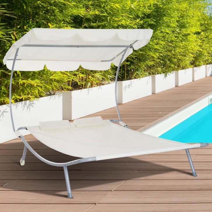 Double Sun Lounger Chaise Hammock Day Bed w Canopy Shade, Pillows, Patio Pool Deck, Cream White