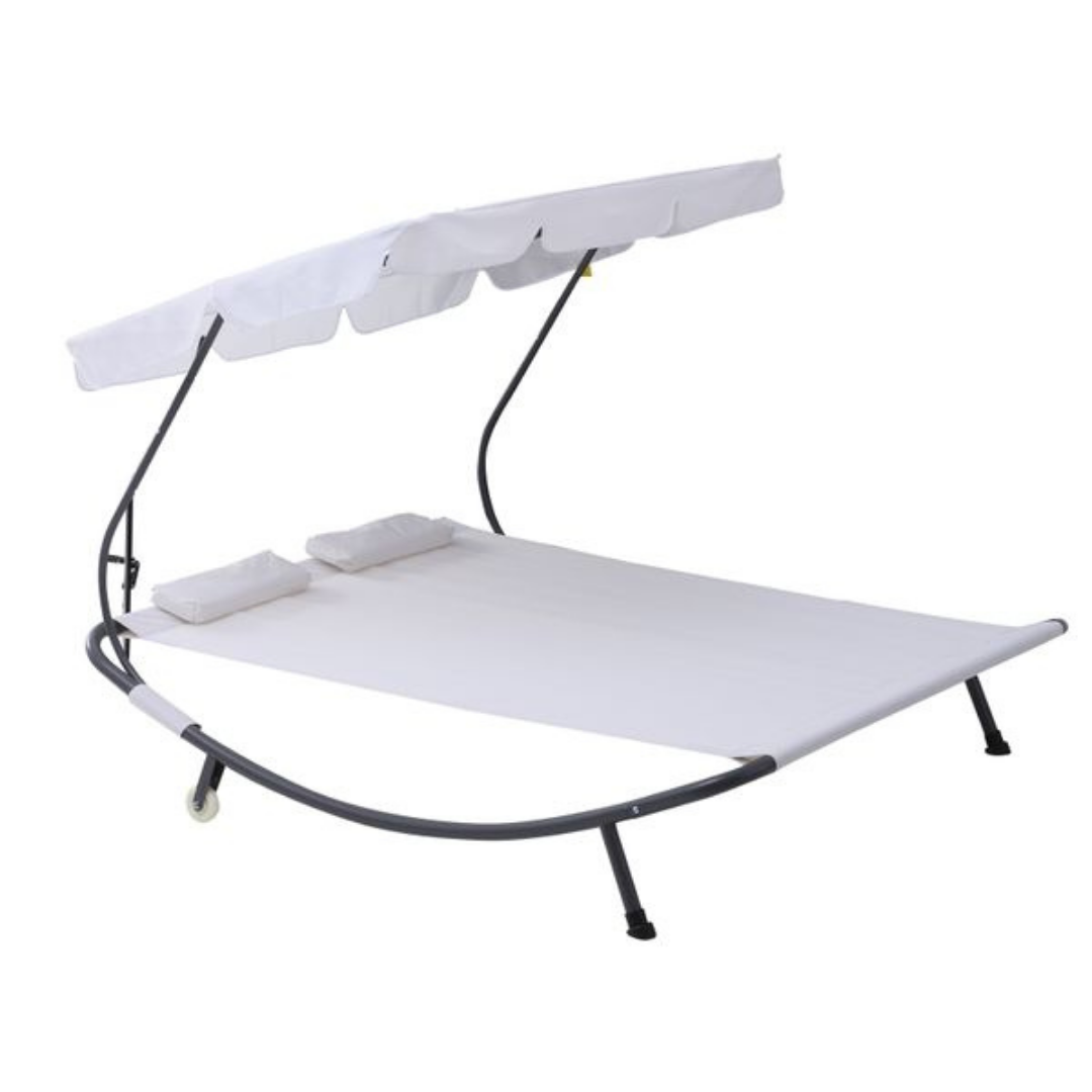 Double Sun Lounger Chaise Hammock Day Bed w Canopy Shade, Pillows, Patio Pool Deck, Cream White