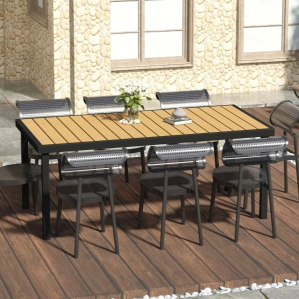 6.2' x 3' Aluminum Anti-Rust Outdoor Patio Dining Table w Woodgrain Plastic Top, Black, Natural