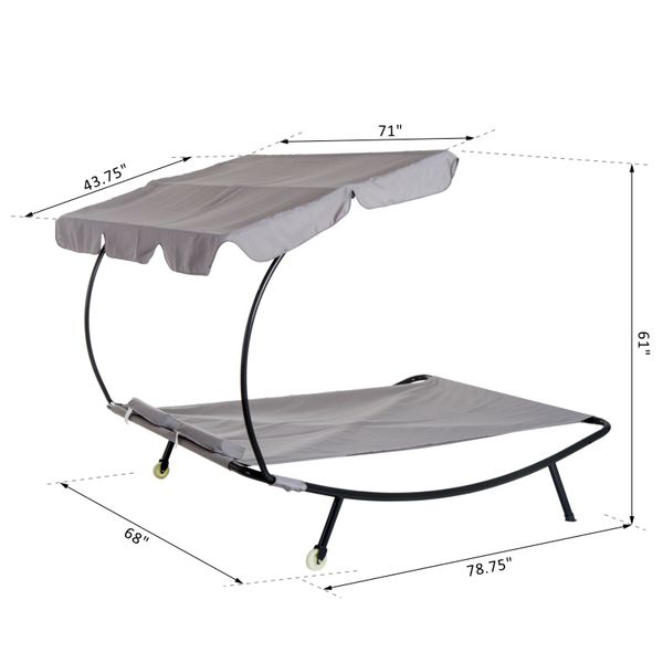 Double Sun Lounger Chaise Hammock Day Bed w Canopy Shade, Pillow, Outdoor Patio Pool Deck, Grey