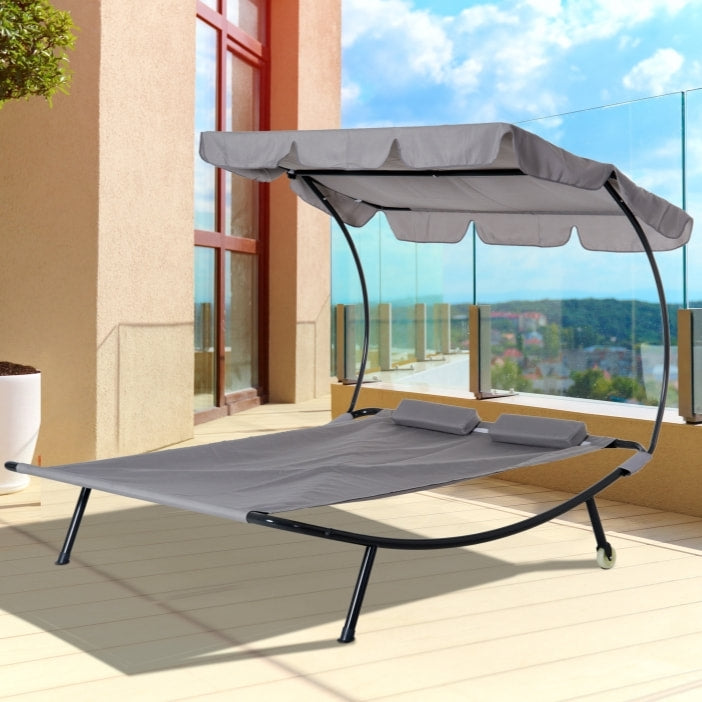 Double Sun Lounger Chaise Hammock Day Bed w Canopy Shade, Pillow, Outdoor Patio Pool Deck, Grey