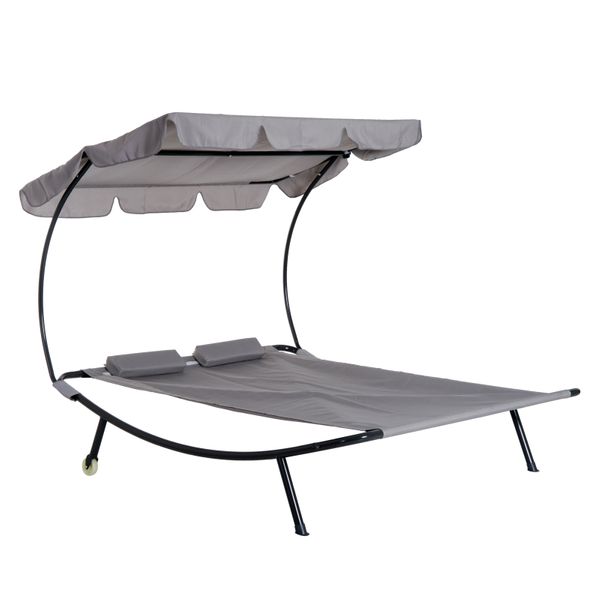 Double Sun Lounger Chaise Hammock Day Bed w Canopy Shade, Pillow, Outdoor Patio Pool Deck, Grey